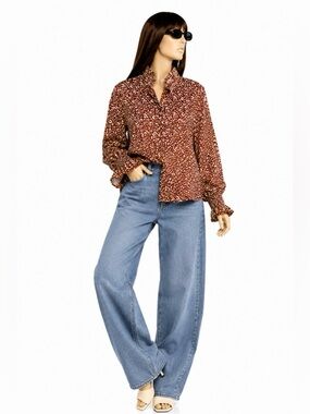 Tuckernuck Animal Print Blouse Ruffle Collar Leopard Brown White Size S